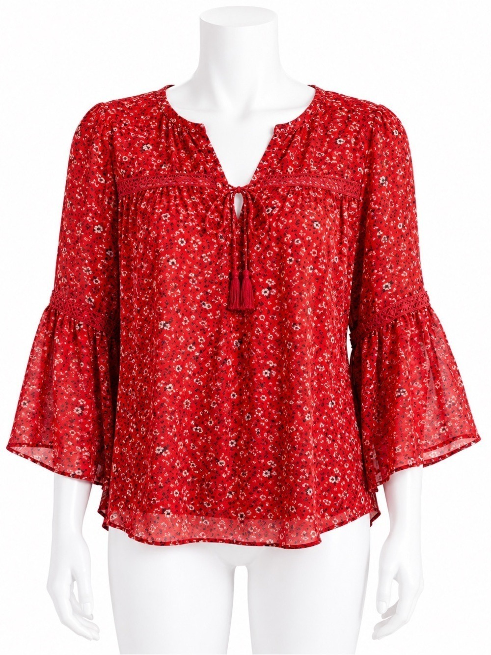 Lucky Brand Red Floral Peasant Blouse Bell Sleeves Lace Inset Chiffon Top Med M
